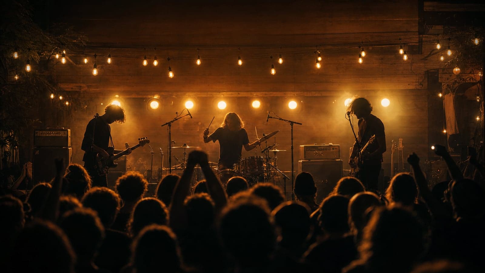 Silhouetted band on stage under warm amber lights with a crowd in the foreground
